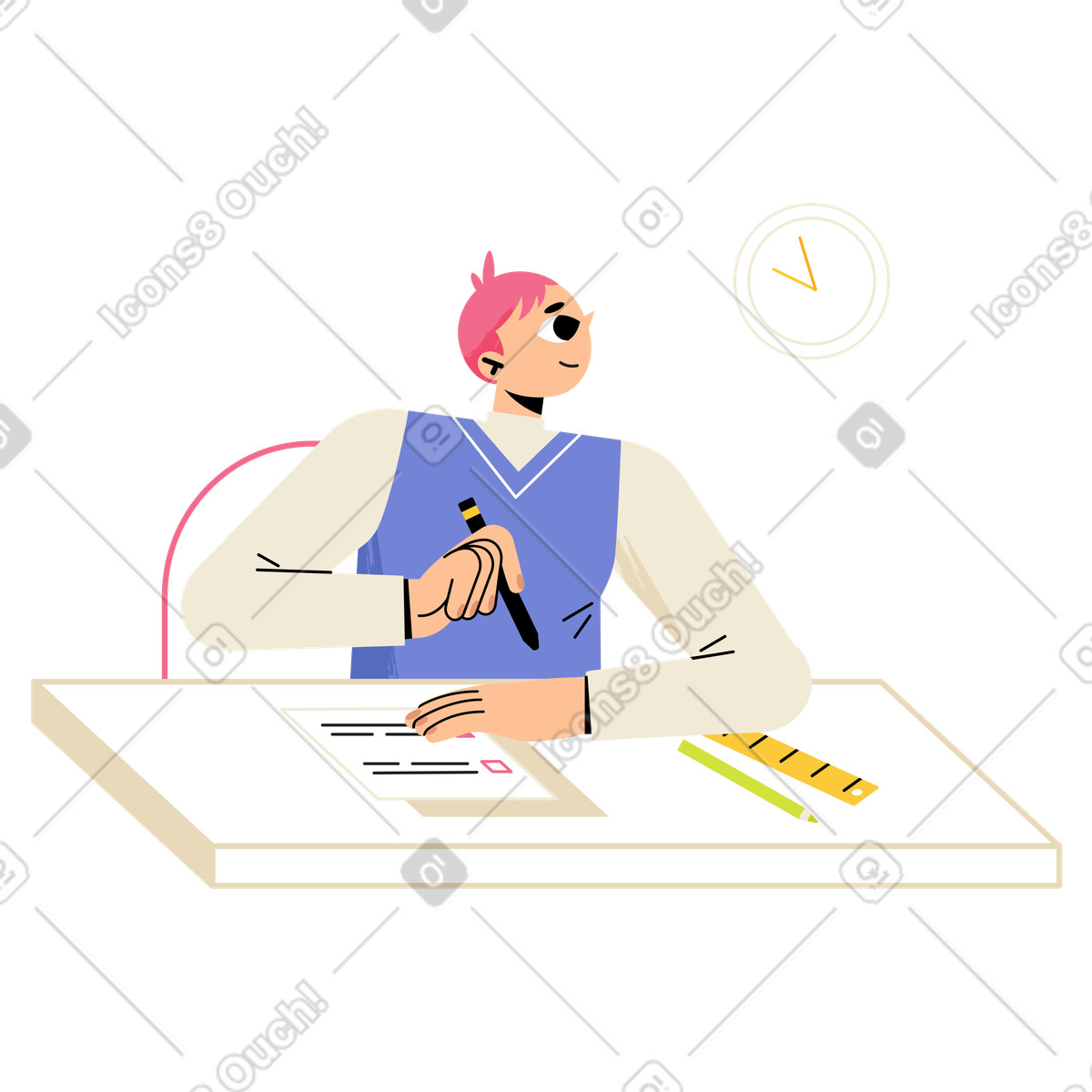 Glancing at watch mid-exam, Academic deadline anxiety-Illustration im Juicy-Stil als Download in PNG, SVG