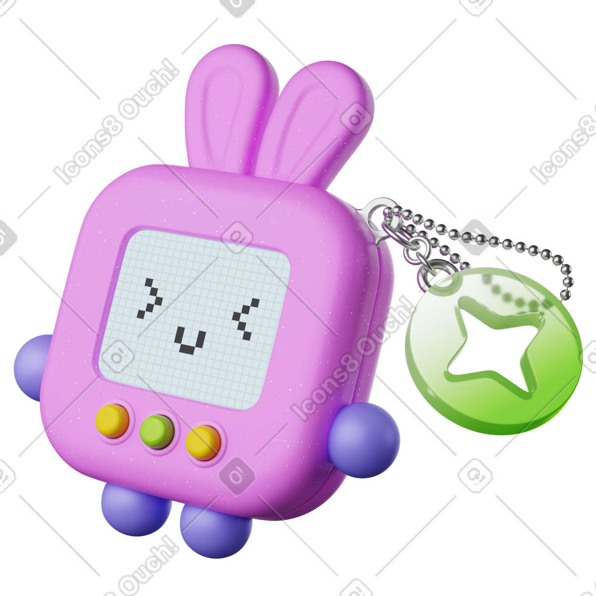 下载 3D Plastic 风格的 Keychain bunny device with pixel face screen and buttons 插画，支持 PNG、SVG 格式