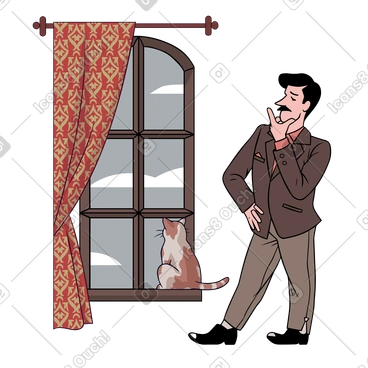 Guy and his cat looking through the window PNG, SVG