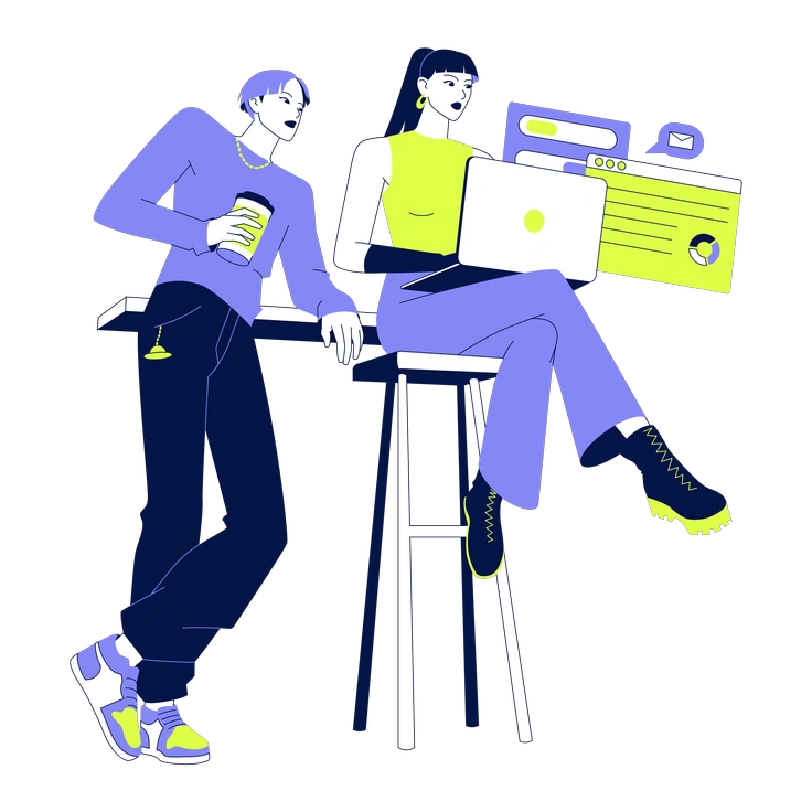 A man and woman interacting with technology - Glow style illustration