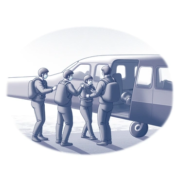 A group of skydivers standing at the open door of an aircraft, ready to jump. They are wearing skydiving suits and helmets, displaying a sense of excitement and teamwork. Some team members are exchanging encouraging gestures, while others are checking their gear. The interior of the plane is visible, showing the cockpit and instruments. Below, a vast landscape stretches out, indicating the altitude of their jump. The sky outside is clear, hinting at great weather conditions for the dive.