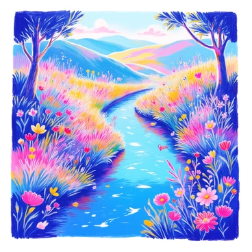 A sparkling river winds through a lush, mystical landscape filled with vibrant greenery. On either side of the river, colorful wildflowers bloom abundantly. Small, whimsical creatures, such as fairies and tiny woodland animals, peek out from behind the trees and bushes, their eyes shining with curiosity. The sunlight filters through the leaves, casting dappled light on the water's surface, which reflects the surrounding beauty. In the distance, rolling hills add depth to the scene, enhancing the enchanting atmosphere.
