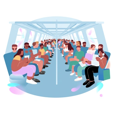 A crowded city subway car filled with diverse commuters. People are engaged in various activities: some are reading books and newspapers, while others are chatting with friends. A few individuals are wearing headphones, clearly absorbed in their music. There are passengers of different ages and backgrounds, each in their own personal space yet surrounded by the hustle of the subway. The interior of the subway car is detailed with metal poles, seats, and windows showing some blurred motion outside. Colorful bags and accessories add to the diversity of the scene.