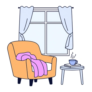 A cozy reading nook positioned by a large window. The window is adorned with light, sheer curtains that softly diffuse the sunlight. In the nook, there is a comfortable reading chair upholstered in a warm, neutral fabric. A soft, knitted blanket is draped over the arm of the chair in a gentle fold. On a small, round side table next to the chair, there is a steaming cup of tea, with wisps of steam rising from it. A few well-placed books are stacked on the table, adding to the inviting atmosphere.