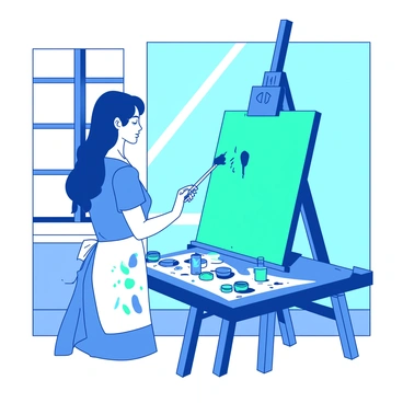 A teal canvas is propped up on an easel in an art studio. Amy, a focused artist, is standing in front of the canvas, holding a paintbrush dipped in a darker shade of blue. She is wearing a white apron splattered with various colors of paint. Around her, there are several tubes of paint scattered on a wooden table, featuring different shades of blue. Sunlight streams through a large window, illuminating the studio and highlighting the vibrant colors on the canvas.