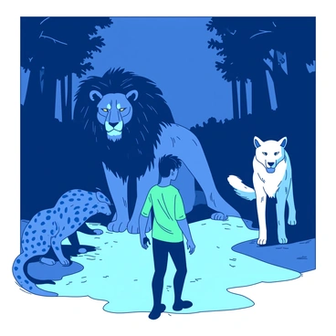 A blue lion stands with a fierce gaze at the center of a dimly lit path, its mane flowing dramatically. To the left, a teal leopard crouches low, its sharp eyes fixed on Dante. On the right, a white she-wolf stands, poised and alert, with its ears perked up. The path is flanked by shadowy trees, with hints of light filtering through the branches. Each animal exudes a sense of power, creating an intense atmosphere around Dante. He appears determined, taking a step forward, ready to confront the trio.
