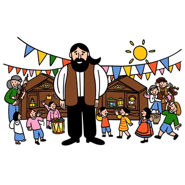 A tall man with long dark hair and a rugged beard, wearing a brown leather vest over a white shirt and dark trousers, is standing in the center of a lively village festival. He has a joyful expression as he watches families and friends around him celebrating. Colorful banners are strung between wooden stalls, each filled with various crafts and foods. Nearby, a group of musicians plays cheerful tunes, with a fiddle and drums, while villagers dance energetically in traditional attire. Children are laughing and playing games, and the sun is shining brightly, creating a warm atmosphere filled with joy and excitement.