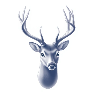 A deer's head displayed in a frontal view. The antlers are prominent and intricately branched, extending outward. The fur is finely detailed, showing texture and depth. The eyes are large and expressive, reflecting a gentle demeanor. An ethereal glow surrounds the head, softly illuminating its features, casting subtle highlights on the fur and enhancing the contours of the face. The background is minimal, focusing attention entirely on the majestic head of the deer.