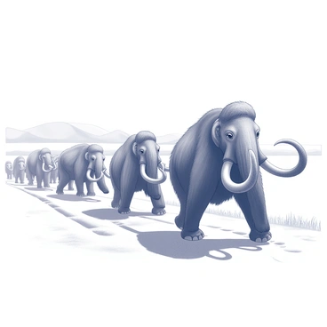 A herd of woolly mammoths traversing a snowy tundra. The mammoths have long, curved tusks and thick, shaggy fur covering their large bodies. The tundra is characterized by a flat expanse of white snow, with occasional patches of grass peeking through. In the background, there are distant snow-covered hills under a pale sky. The ground is uneven, showing tracks left by the mammoths as they move together in a pack. Some mammoths are slightly behind the others, creating a sense of depth in the herd.