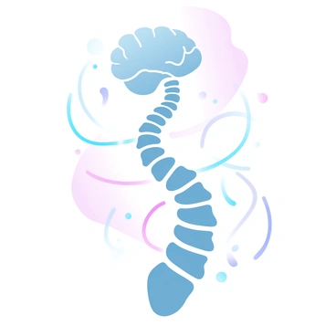 An illustration depicting a human spine connected to a brain at the top. The spine is intricately detailed, showing vertebrae and nerve roots extending from it. Numerous neural pathways are represented by colorful lines that weave and connect between the spine and the brain. The background features a smooth gradient of pastel colors, enhancing the visual representation of the neural connections.