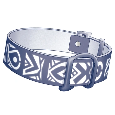 A dog collar displayed prominently in the foreground. The collar features intricate bold tribal patterns that are detailed and symmetrical. The design includes various shapes and motifs, showcasing a blend of curves and sharp edges. The collar is sturdy, with a robust clasp visible, and it appears to have texture, emphasizing its handcrafted quality.