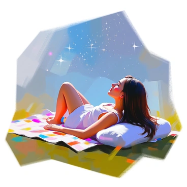 A woman with long, flowing dark hair is lying on a soft blanket spread across the grass. She is wearing a comfortable light-colored dress, and her arms are stretched out beside her as she gazes up at the "starry night sky." Bright stars twinkle above, illuminating the night with scattered constellations. The blanket has a colorful, patterned design that contrasts with the deep green grass beneath it. The woman's expression is one of wonder and tranquility as she takes in the beauty of the celestial display.