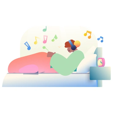 A person with short brown hair is lying on a cozy bed with white sheets, wearing black headphones over their ears. The room has soft lighting, casting a warm glow. Surrounding the person are colorful, floating musical notes in various sizes and shapes, gently drifting through the air. There is a soft pillow under the person's head, and a small nightstand beside the bed with a glowing alarm clock. The walls are painted a light pastel color, contributing to the tranquil atmosphere.
