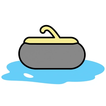 A close-up view of a curling stone, featuring a circular shape with a smooth, polished surface. The stone has a prominent handle on top, designed for gripping. It is resting on a smooth ice surface that reflects the light, showcasing the texture and clarity of the ice. The edges of the curling stone are clearly defined, emphasizing its heavy, rounded form.