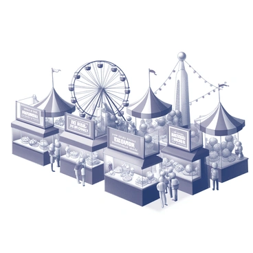A vibrant carnival scene filled with activity. Numerous food stalls are lined up, each featuring large, colorful banners. Some stalls display a variety of fried treats, such as funnel cakes and corn dogs, while others offer an assortment of sugary snacks, including cotton candy and popcorn. The area is crowded with people enjoying the festivities, some holding food items in their hands. Bright lights illuminate the scene, and there are decorative elements like balloons and streamers in the surroundings. In the background, a Ferris wheel towers over the carnival, with riders enjoying the views.