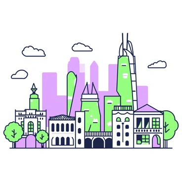A city skyline where traditional buildings are altered with futuristic architecture