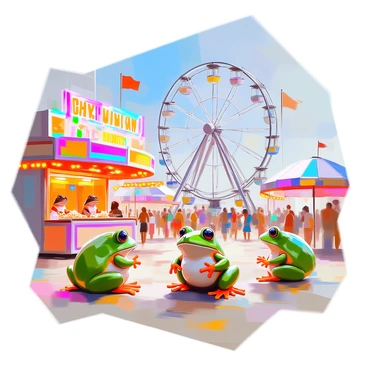 A bustling boardwalk carnival scene filled with excitement and color. Frogs of various sizes and shades of green are engaged in playful activities, some are playing games at vibrant booths adorned with bright lights and colorful prizes. In the background, a large Ferris wheel spins slowly, with frogs seated in the gondolas, enjoying the view from above. The boardwalk is lined with festive decorations, food stalls offering popcorn and cotton candy, and the sounds of laughter and cheerful music fill the air. The atmosphere is lively, showcasing the joyful spirit of the carnival.