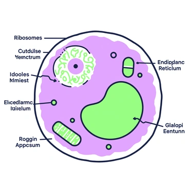 An educational illustration of an animal cell is centered on a large, circular cell membrane. Within the cell, there is a prominent nucleus with a double membrane and a visible nucleolus inside. Surrounding the nucleus, there are several organelles, including ribosomes depicted as small dots, endoplasmic reticulum shown as a network of folded membranes, and mitochondria illustrated with their elongated shapes and inner folds. The Golgi apparatus is represented as a stack of flattened sacs nearby. Cytoplasm fills the space between the organelles, demonstrating the various structures clearly labeled with text. Each component is surrounded by a green-and-purple outline for emphasis.