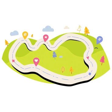 A whimsical roadmap winding through a colorful landscape, featuring various markers along the path. Each marker is uniquely designed, representing milestones in understanding one’s gender identity. The markers include symbols like hearts, stars, and arrows, each in bright colors such as pink, blue, and yellow. The background showcases rolling hills with cartoon-style trees and sunny skies, creating a cheerful atmosphere. The roadmap itself has playful curves and twists, inviting exploration and discovery.