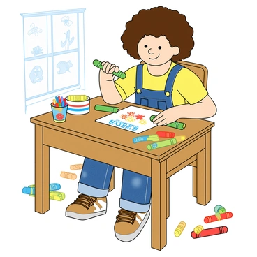 A young artist with light skin and curly hair, wearing a bright yellow t-shirt and denim overalls, is sitting at a small wooden desk. They are focused on drawing with a set of vibrant crayons, holding a green crayon in their right hand while smiling. Around the desk, there are several colorful pieces of artwork spread out: drawings of animals, flowers, and abstract shapes, all in bright hues of red, blue, yellow, and green. The desk has a few crayon wrappers scattered across it and a cup filled with more crayons in various colors. Natural light streams in from a nearby window, illuminating the cheerful scene.