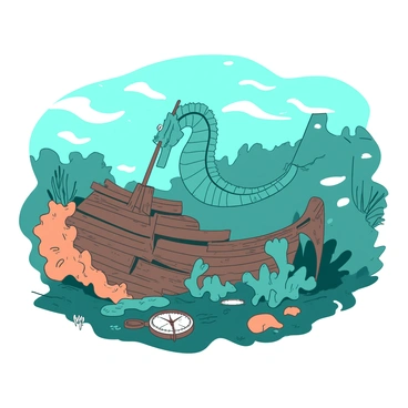 A teal seahorse is swimming gracefully through the water, exploring the remains of an ancient shipwreck. The ship's wooden planks are partially covered in vibrant orange coral, and various seaweed strands sway gently around the seahorse. Sunlight filters down from the surface, illuminating the intricate details of the ship's rusted artifacts, such as a broken compass and a tattered sail. The seahorse's eyes are wide with curiosity as it investigates the mysterious surroundings.