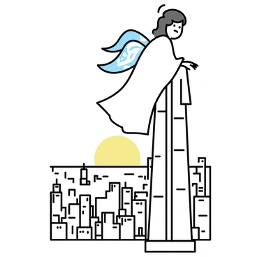 An angel with large, translucent wings is perched atop a tall skyscraper, which has a sleek modern design. The angel is wearing a flowing white robe that drapes elegantly around her. Her wings are spread slightly, showcasing the delicate patterns within the translucent material. Below, a sprawling cityscape filled with various buildings stretches out, with the sun setting in the background, casting a warm glow over the scene. The angel gazes down thoughtfully at the city beneath her.