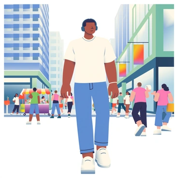 A person with light brown skin is wearing black headphones while strolling through a bustling city street. They are dressed in a casual white t-shirt and blue jeans. Surrounding them are tall buildings with large glass windows reflecting the sunlight. There are various pedestrians walking in different directions, some holding shopping bags and others chatting. A street vendor cart is visible on the side, displaying colorful snacks. Vibrant banners hang from the buildings, adding to the lively atmosphere of the urban environment.