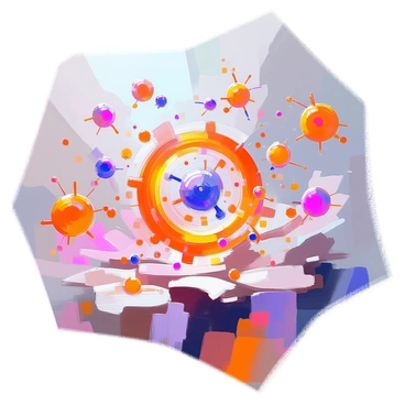 A dynamic scene depicting a "swirling storm of cytokines" in action, characterized by vibrant and colorful molecular structures interacting with one another. The storm at the center consists of dynamic, swirling shapes representing the cytokines, with intricate details reflecting movement and chaos. Surrounding this storm, a "molecular landscape" is filled with various molecular shapes and forms, all rendered in bright, contrasting colors. The background features a fluid arrangement of colors that enhances the sense of motion and energy in the scene. The overall composition captures the complexity and intensity of the molecular interactions at play.