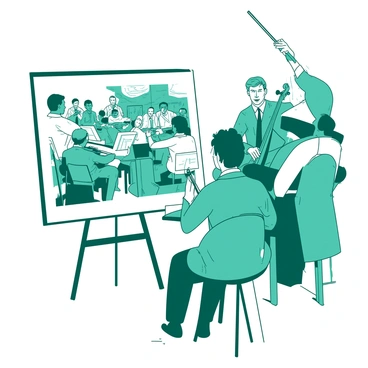 A teal live illustrator is seated at a white easel, focused intently on sketching a dynamic scene of musicians in an orchestra performance. In the foreground, a group of musicians is playing string instruments, with a violinist in a white shirt and a cellist wearing a teal tie. Behind them, a conductor is passionately guiding the orchestra, raising a baton above his head. The background shows a variety of musicians, including a white pianist and a group of brass players, all contributing to the vibrant atmosphere of the performance. The sketching process is captured in motion, with pencil strokes visible on the page, illustrating the musicians in action.