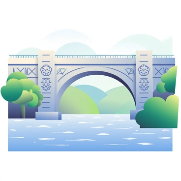 A grand bridge spans across a wide river, featuring intricate art deco details. The bridge's structure is composed of smooth concrete with geometric patterns and elaborate motifs along its railings. Below, the river flows gently, reflecting the sunlight in shimmering ripples. Lush green trees line the riverbanks, providing a vibrant contrast to the bridge's bold architecture. In the distance, soft hills rise under a clear blue sky, completing the scenic view.