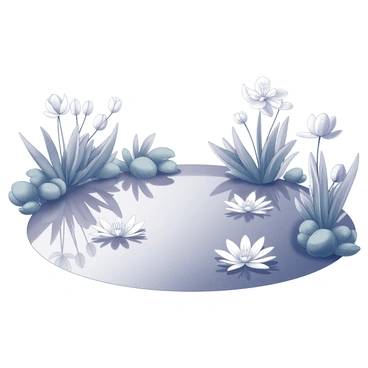 A serene pond reflecting the surrounding scenery. The surface of the water is perfectly still, creating a mirror-like effect. Delicate blossoms float gently on the calm water, their shapes and details mirrored flawlessly. The pond's edges are framed by lush green foliage that enhances the overall composition. The scene captures the tranquility of nature, with each blossom contributing to the harmonious visual.