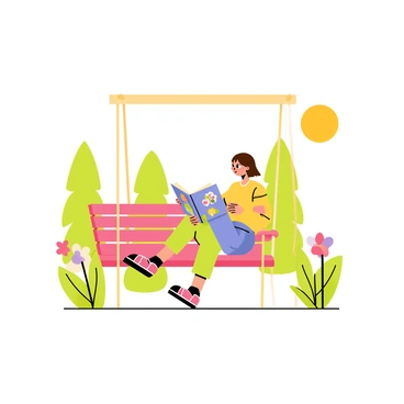 A wooden porch swing hanging from a sturdy beam, gently swaying in the breeze. A person with short brown hair is sitting on the swing, absorbed in a colorful book with an open cover facing up. The person's relaxed posture suggests enjoyment, with one foot casually resting on the ground. Soft green trees and colorful flowers are visible in the background, complementing the pleasant outdoor setting. The sun casts a warm glow, enhancing the tranquil atmosphere. The book cover features bright illustrations, adding visual interest to the scene.