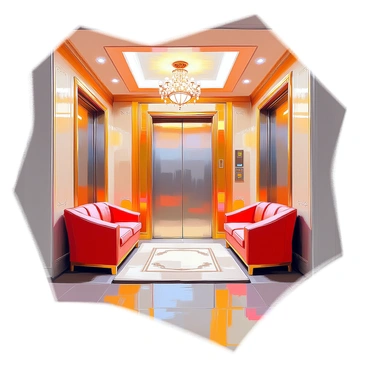 A luxurious elevator interior featuring plush seating upholstered in rich, deep red fabric, surrounded by elegant gold accents. The walls are adorned with intricate designs, and there are sparkling chandeliers hanging from the ceiling, casting a warm glow. The floor is covered with a soft, patterned carpet that complements the opulent atmosphere. Large mirrors reflect the luxurious details, creating a sense of space and grandeur. The elevator doors are sleek and polished, adding to the high-end feel of this hotel setting.