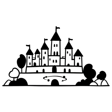 A grand medieval castle stands majestically atop a hill, with tall towers and intricate battlements visible in the design. The castle is surrounded by a wide moat, showcasing smooth, flowing water that reflects the architecture. Lush trees and shrubs grow around the base of the hill, adding depth to the scene. The sky above the castle is clear, giving a sense of openness and grandeur to the illustration.