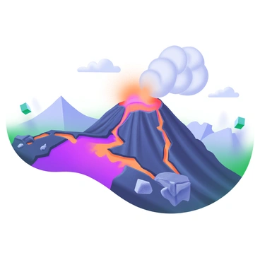 A scene depicting an "erupting volcano" with "magma" rising violently from its crater. Surrounding the volcano are "smoke clouds" billowing into the sky, with bright orange and red hues of the molten rock contrasting against the dark volcanic landscape. The ground is cracked and shows signs of tectonic movements, with jagged rocks and fissures illustrating the impact of "slab pull." In the background, a few distant mountains can be seen, enhancing the dramatic atmosphere of the volcanic eruption.
