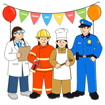 A group of four children dressed up as various professionals at a lively career day event. The first child is wearing a white lab coat and goggles, holding a clipboard, representing a doctor. The second child is in a fireman suit with a shiny yellow helmet, proudly displaying a toy fire extinguisher. The third child is dressed as a chef, complete with a tall white chef's hat and an apron, holding a wooden spoon. The fourth child is wearing a bright blue police uniform with a badge and a toy walkie-talkie attached to the belt. Balloons and colorful banners with "Career Day" written on them are in the background, adding to the festive atmosphere.