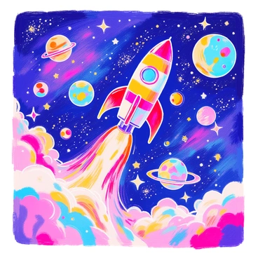 A colorful rocket ship is soaring through a vibrant galaxy filled with swirling clouds of stars and planets. The rocket is bright red with yellow and blue stripes, adorned with shiny silver fins. Surrounding the rocket are various planets in different sizes and colors, including a large green planet with rings and a small blue one with spots. Twinkling stars of different shapes and sizes are scattered throughout the scene, creating a magical atmosphere. The background features deep shades of purple and blue, representing the vastness of space.