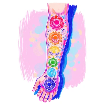A creative tattoo design features the seven chakras arranged vertically along a person's arm. Each chakra is represented by a unique symbol and color, starting with the "root chakra" at the wrist in a vibrant red, followed by the "sacral chakra" in orange, the "solar plexus chakra" in yellow, the "heart chakra" in green, the "throat chakra" in blue, the "third eye chakra" in indigo, and finally the "crown chakra" in violet at the shoulder. The symbols are intricate and detailed, with decorative elements surrounding each chakra. The overall design flows seamlessly along the arm, illustrating a harmonious connection between the chakras.