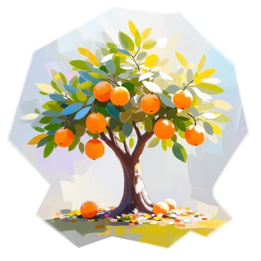 A flourishing citron tree stands majestically in the center of the scene, its thick, rugged trunk supporting a vibrant canopy of bright green leaves. The branches are heavy with ripe, yellow citron fruits, their textured skins glistening in the light. Surrounding the base of the tree, a soft carpet of fallen leaves and small, scattered blossoms adds detail to the ground. The sunlight filters through the leaves, creating dappled patterns on the grass below. The overall atmosphere conveys a sense of abundance and vitality.
