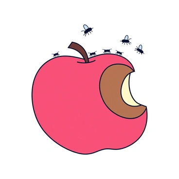 A half-eaten apple with a vibrant red skin, showing a brown, partially exposed interior. The apple is placed on a flat surface, and several small black flies are hovering around it. A line of tiny ants is seen crawling up the side of the apple, with some approaching the exposed fruit. The background is a simple light color to emphasize the apple and the insects.