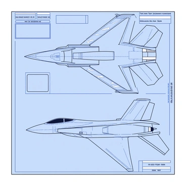A detailed depiction of blueprints showcasing the design of the F35 jet. The blueprints include multiple views of the aircraft, such as top, side, and front perspectives. The lines are sharp and precise, illustrating the intricate components like the wings, fuselage, engine, and cockpit. Various measurements and labels are present, indicating key specifications and technical details. The blueprints are primarily in shades of blue with white highlights for clarity, presented on a textured gray background.