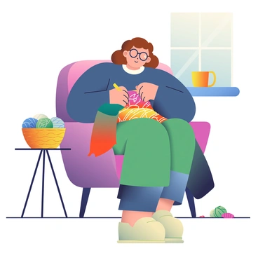 A woman with curly brown hair is sitting in a cozy armchair, focused on her knitting. She is wearing a soft, dark blue sweater and has round glasses perched on her nose. In her hands, she is working with a vibrant array of yarn, featuring colors like bright red, sunny yellow, and deep green. The partially completed scarf drapes over her lap, showcasing a beautiful pattern of stitches. Nearby, a wicker basket holds additional balls of yarn in various shades, and there is a warm cup of tea on a side table beside her. A soft light filters in from a window, illuminating the scene.