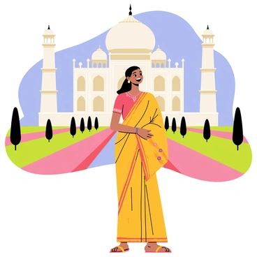An Indian woman wearing a colorful traditional saree with intricate patterns is posing for a photo. She stands elegantly in front of the majestic Taj Mahal, which features its iconic white marble dome and minarets. The backdrop showcases lush green gardens with symmetrical pathways leading up to the monument. The sky is clear and blue, adding to the beauty of the scene. The woman's expression is joyful, capturing a moment of pride and admiration for the historic site behind her.