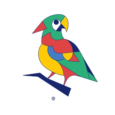 A parrot is created from various geometric shapes, featuring a beak made of a sharp triangle and body composed of several circular and rectangular elements. The parrot is perched on a branch represented by simple line shapes. It has large, round eyes made of contrasting geometric patterns. The vibrant colors of the shapes include two prominent colors that create a striking visual impact within the composition. The overall arrangement of the shapes depicts the features of the parrot in a stylized manner.