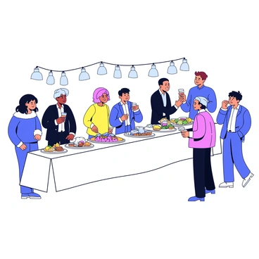 A stylish corporate event reception takes place in a spacious room. There is a long buffet table draped with a crisp white tablecloth, featuring a variety of neatly arranged food items including finger foods, salads, and desserts. Behind the table, elegant platters and glassware catch the light. A group of employees are mingling nearby, dressed in professional attire. They are engaged in conversation, some holding drinks, while others are reaching for food from the buffet. Decorative lighting enhances the atmosphere, adding to the overall sophisticated setting.