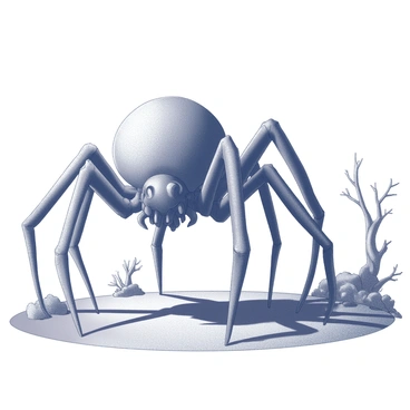 A large, looming creature with a dark, spider-like form is situated in the foreground. Its numerous legs stretch outward, creating an extensive shadow that covers the ground beneath. The body of the creature is textured, resembling rough, sinister surfaces that evoke a sense of dread. Surrounding the creature, the landscape is marked by twisted trees and uneven terrain, contributing to the foreboding atmosphere. The overall composition emphasizes the scale of the creature in relation to the land, highlighting its monstrous presence.