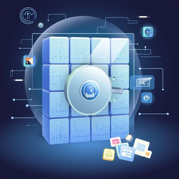 A large secure vault made of shimmering digital blocks stands prominently in the center of the image. Each block glows with a soft blue light, showcasing intricate circuit patterns and binary code. Surrounding the vault is a transparent shield that displays a holographic interface with various security metrics. In the foreground, a collection of floating data files, represented as glowing icons, appears to be safeguarded within the vault. The background features a dark, high-tech environment with subtle hints of futuristic technology, enhancing the feeling of security and protection.