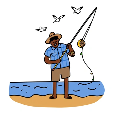A fisherman with tanned skin and short black hair stands on the shore, holding a fishing rod. The fishing rod has a colorful line and a bright hook, but instead of bait, there is a large seashell attached to it. The fisherman is wearing a blue checkered shirt, khaki shorts, and a wide-brimmed hat. He has a playful expression on his face as he raises the seashell to his ear, pretending to have a conversation. In the background, there are gentle waves lapping at the shore and a few seagulls flying overhead.