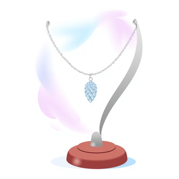 A jewelry stand is elegantly displaying a delicate necklace. The necklace features a small, silver pine cone pendant that hangs gracefully from the chain. The stand is made of polished wood with a smooth finish, complementing the metallic sheen of the pendant. Soft lighting casts gentle shadows, emphasizing the intricate details of the pine cone. The background consists of softly blended pastel colors that create a serene atmosphere, enhancing the beauty of the necklace.