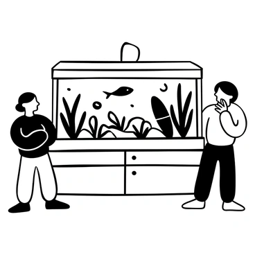 A home aquarium filled with various aquatic plants and decorations. A dead fish is floating near the surface of the water, with its fins slightly spread. Two concerned onlookers are peering into the aquarium, one with crossed arms and the other with a hand on their chin. Reflections of the onlookers are visible on the glass of the aquarium.